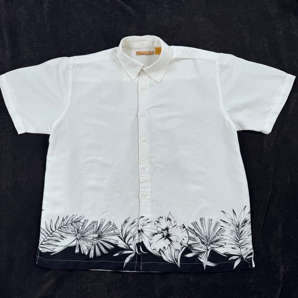 Havanera Mens L White Black Tropical Hawaiian Border Print Shirt Beach Coastal